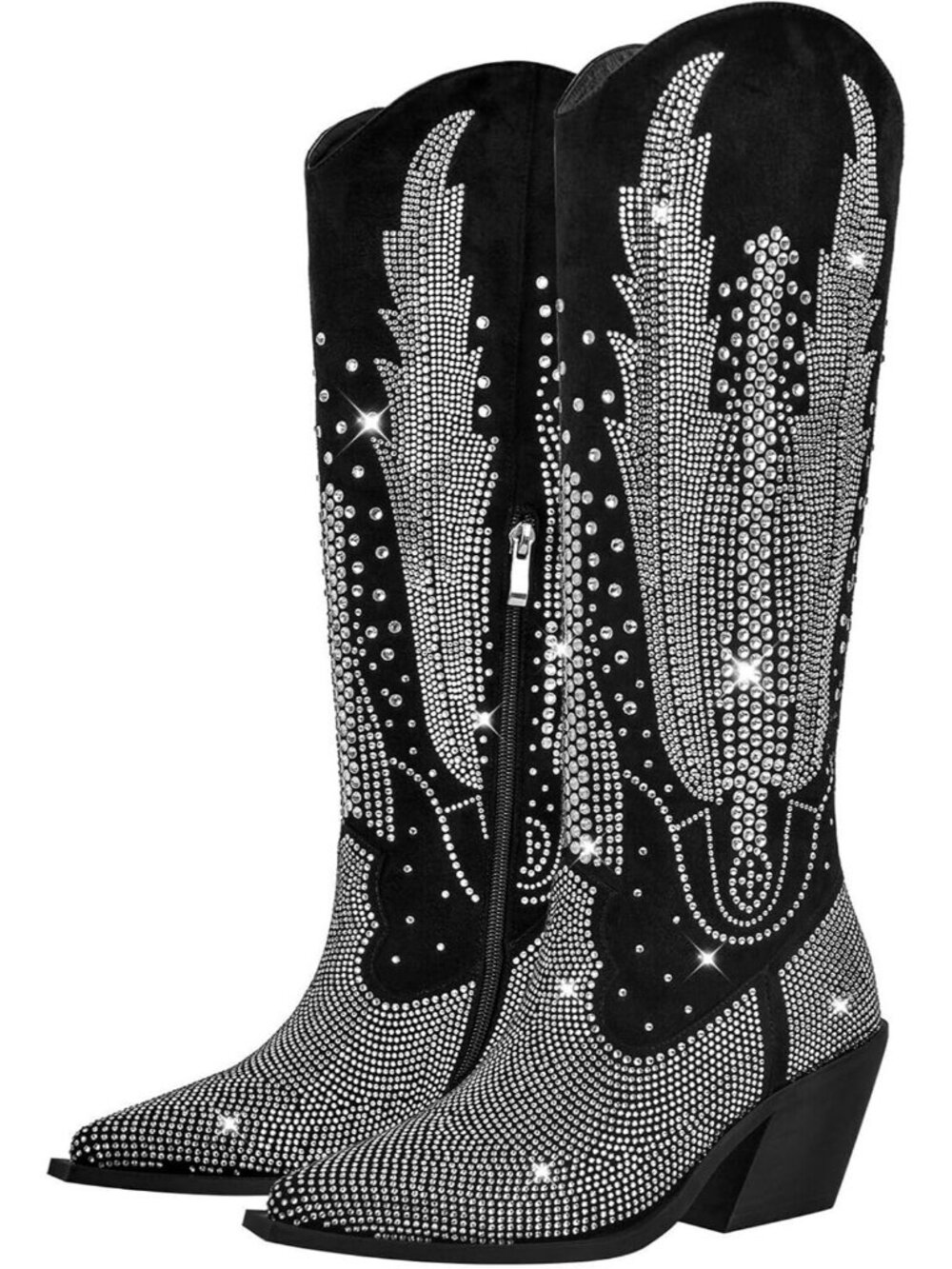 Women's Black Rhinestone Bling Pointed Toe Chunky Heel Knee High Cowgirl Boots